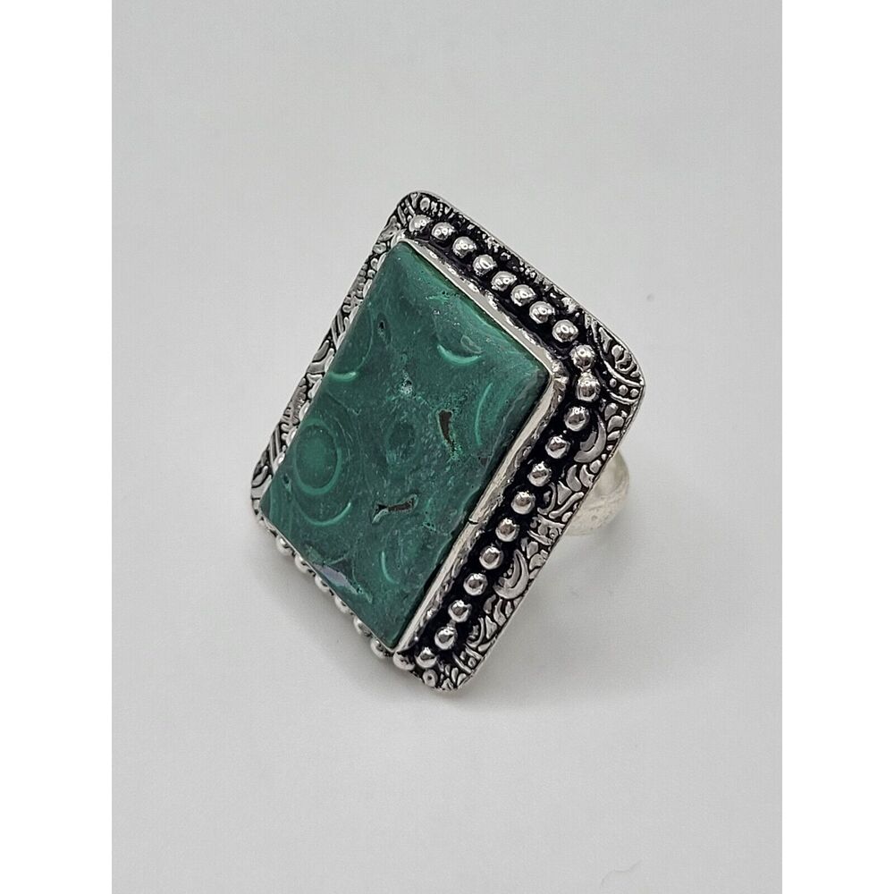 Bohemian Rectangular Malachite Chunky Ring Sz 11 - image 5